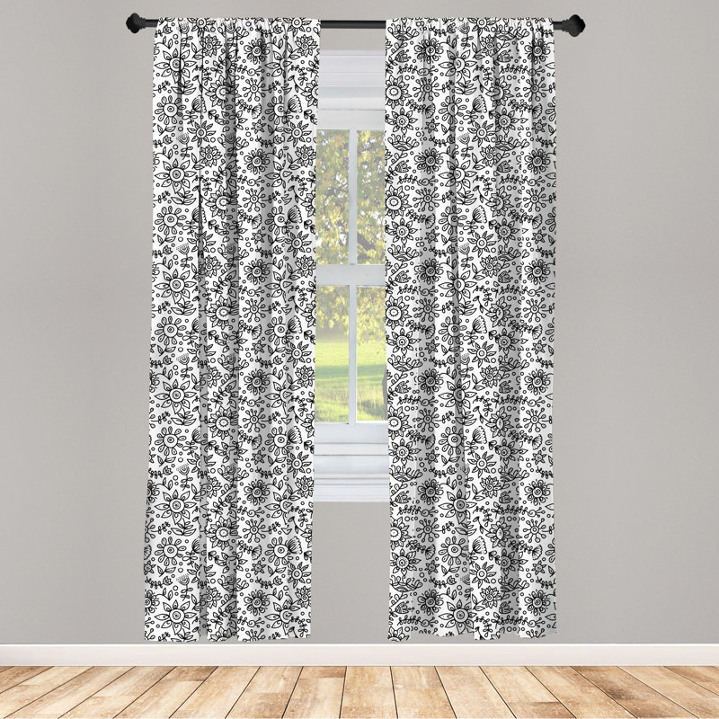 Black and White Floral Sketch Room Darkening Curtain Panels, 28" x 63"