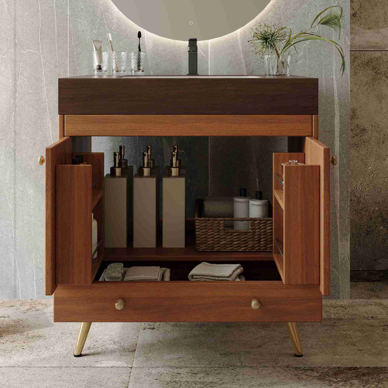 Meuble-lavabo autoportant Mid-Century, Noyer, Brun