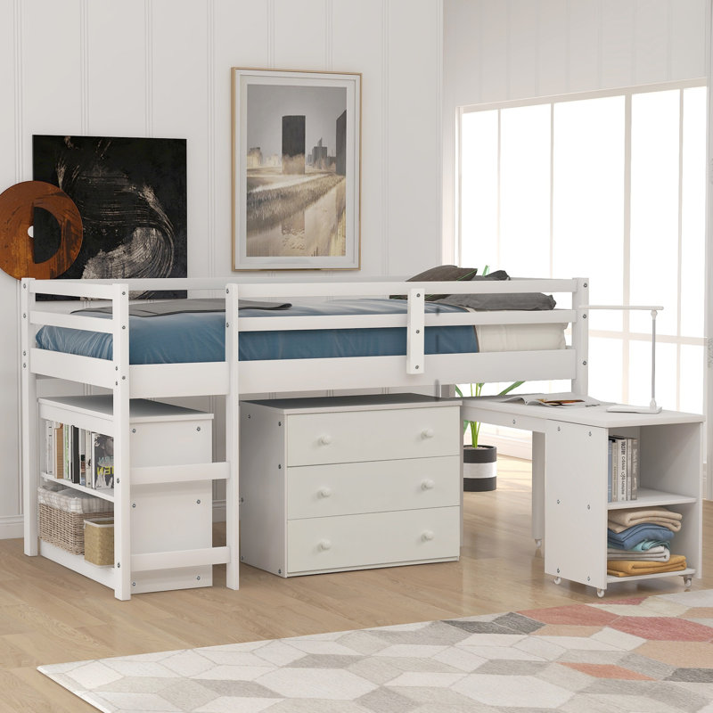 Anne 3 Drawer Low Loft Bed with Dresser, Desk and Shelves by Three Posts Baby & Kids, Twin, White