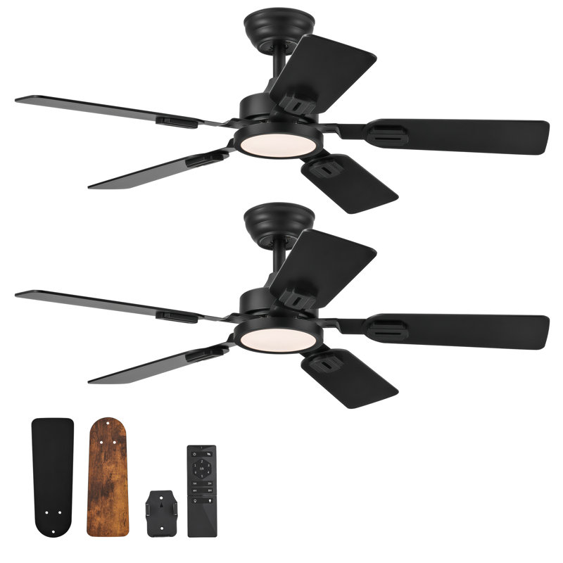 42" LED Ceiling Fans with Lights and Remote Controls, Matte Black/Brown Wood