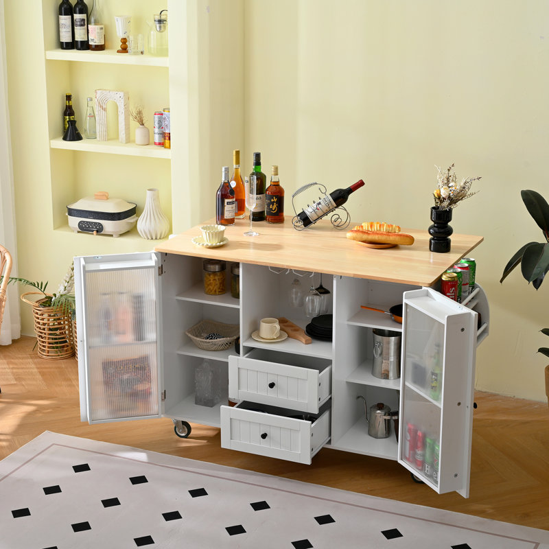 Chariot de cuisine roulant avec dessus d'établi à abattant, 2 tiroirs, unité de rangement de porte, porte-serviettes, tablette à épices, blanc, bois d'hévéa, 34,77 po de hauteur, îlot 102,33 lb, espace, cintre, couleur blanche,
