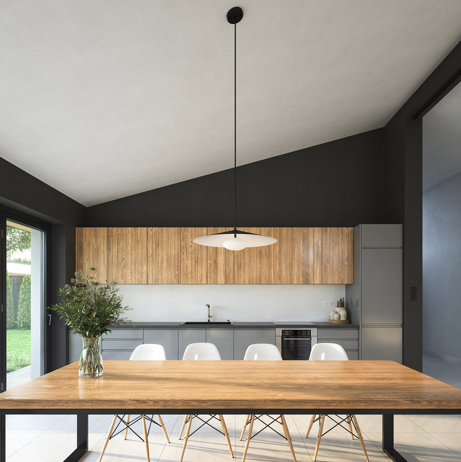 Cruz Single Light Glass Dimmable Pendant, Black/White