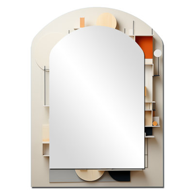 Abstract Geometric White And Blue Essential Forms - Geometric Arch Mirror, Red Asymmetrical Unique Wall Mirror, Printed Metal Art
