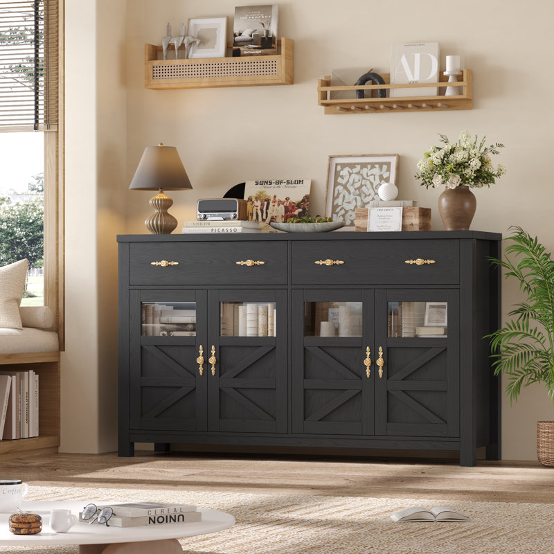 Buffet Almus de 55 po avec 4 portes en verre, 2 grands tiroirs et tablettes réglables, Noir