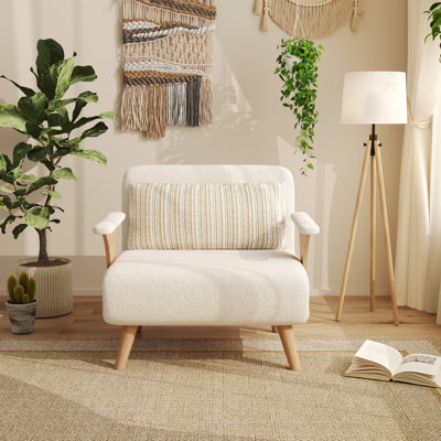 3-in-1 Beige Cotton Linen Sofa Solid Wood Legs Sleeper with Pillow