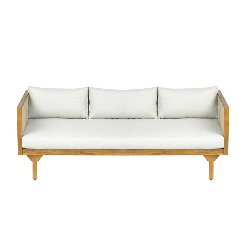 Outdoor Patio Sofa With Light Gray Cushion & Light Brown Rope, Acacia Wood Teak Finish, Water Resistant Fabric, 600 Lbs Capacity, For Garden, Deck, Or Backyard