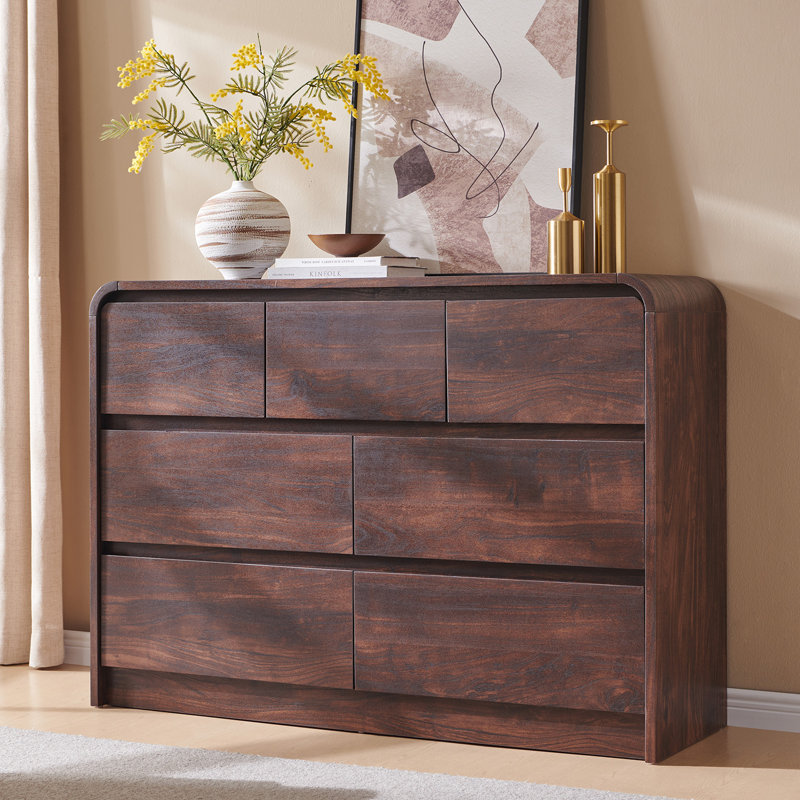 Maud Modern 7 Drawers Dresser for Bedroom, 47" Wide Wood Dressers & Chests of Drawers w/Curved Profile Design, Brown