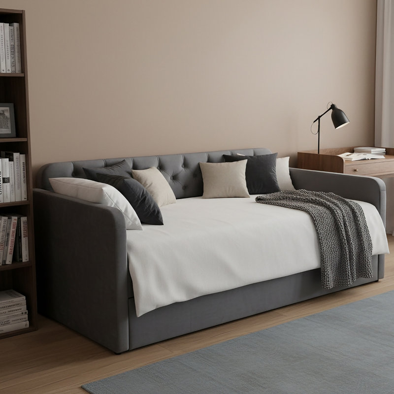 Modern Velvet Upholstered Twin Size Daybed with Twin Size Trundle Bed, with Charging Station, Dark Gray