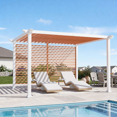 Palisade 10‘ X 12' Steel Frame Outdoor Patio Pegola With Slats Roof，Textilene Sun Shade Canopy And Privacy Panel Screen Wall For Backyard Garden And Deck Party