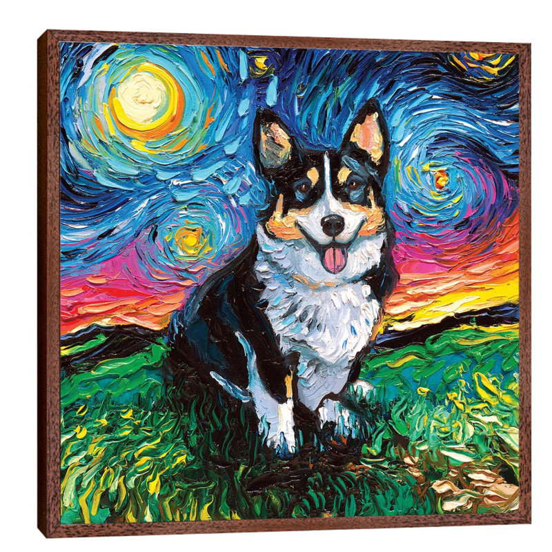 Tri-Color Corgi Night by Aja Trier - Floater Frame Painting on Canvas, Brown Framed, 66.04 cm H x 66.04 cm W