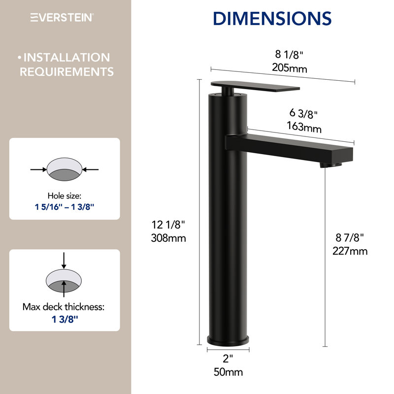 Single Hole Vessel Bathroom Faucet, Single Handle Vessel Bathroom Sink Faucet with Drain Assembly, Matte Black