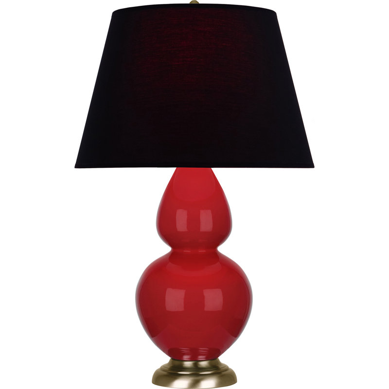 Lampe de table double gourde en céramique, Noir / Rouge, Rouge rubis verni / laiton, Laiton