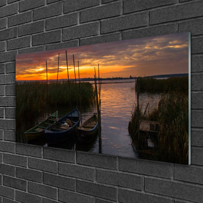 Landscape Boats Sea Grass - No Frame Print on Glass