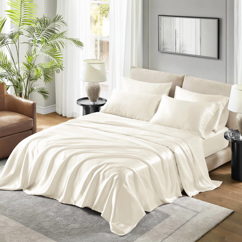 Drap simple 100% satin 4 pièces - froissé, texture lisse, doux pour la peau, réduit la casse des cheveux pendant le sommeil, 4 pièces de luxe ajustées pour matelas de 16 po, aide douce avec frisottis, taies d'oreiller à bout ouvert,