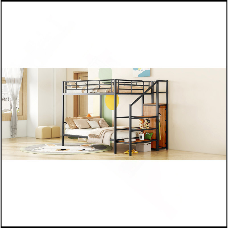 Lit superposé double en métal avec échelle de rangement latérale et garde-robe, Noir, noir, noir, noir