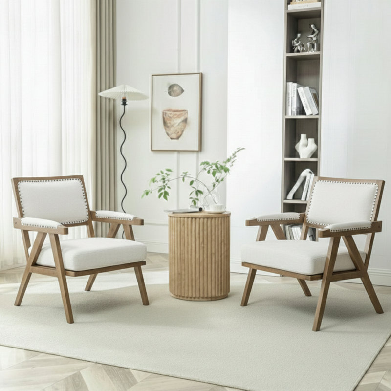 Nordic-Style Solid Wood Cotton-Linen Accent Single Chair, Beige