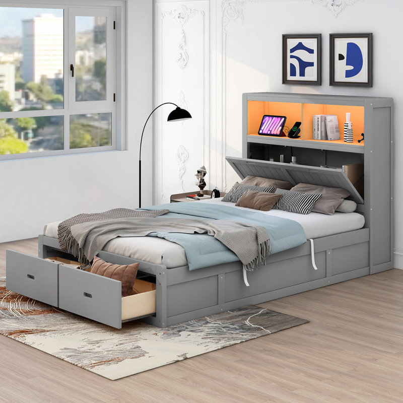 Lit plateforme en bois avec tête de lit à DEL, station de charge et 2 tiroirs, Lit double, Gris