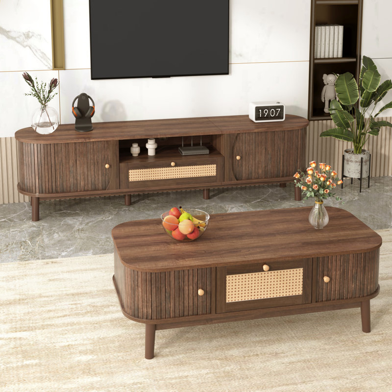 Ensemble meuble télé et table basse, mobilier de salon avec portes coulissantes, tiroirs de style tressé, console multimédia et table basse de rangement