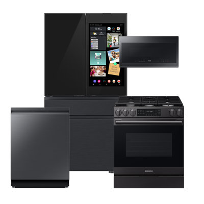 Samsung Bespoke Matte Black Steel Kitchen Package With 4Dr Bespoke Ai Family Hub + Full Depth Charcoal Glass/Black