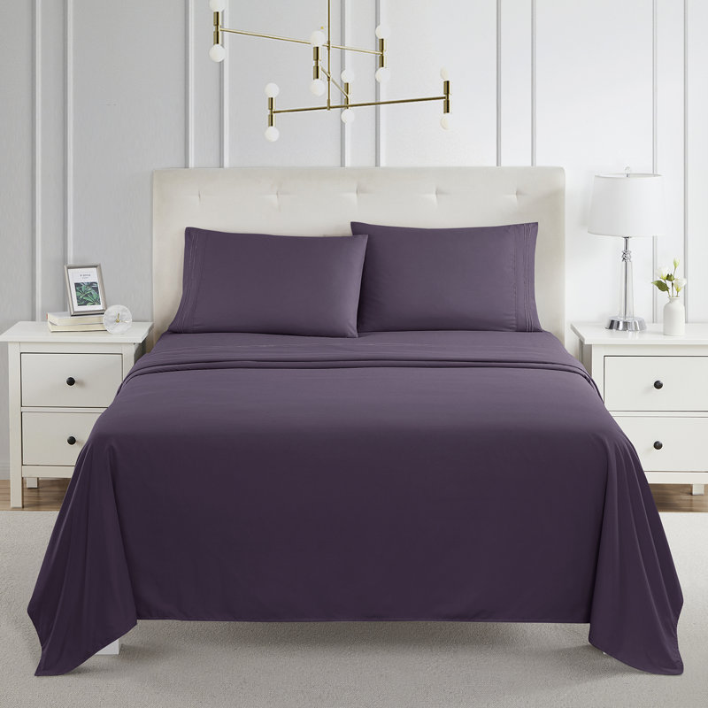  Ensemble de draps double brossé de luxe pour hôtel avec draps et taies d'oreiller très doux, Mauve aubergine