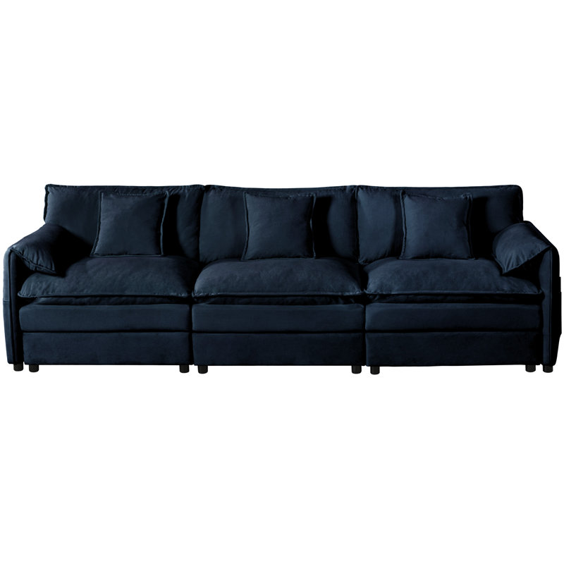 Chenille bleue 3 places, profondeur d'assise surdimensionnée. Doux et pour un bureau d'appartement. Assemblage polyvalent, mobilier de bureau modulaire Cloud 3. Siège très confortable, tissu respirant. Contemporain