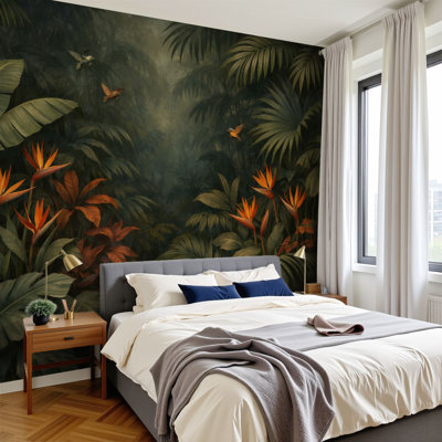 Papiers peints autocollants Jungle exotique papillons exotiques à feuilles vibrantes, papier peint amovible H 100 po x l 144 po, papier mural amovible en PVC pour chambre à coucher, bureau à domicile