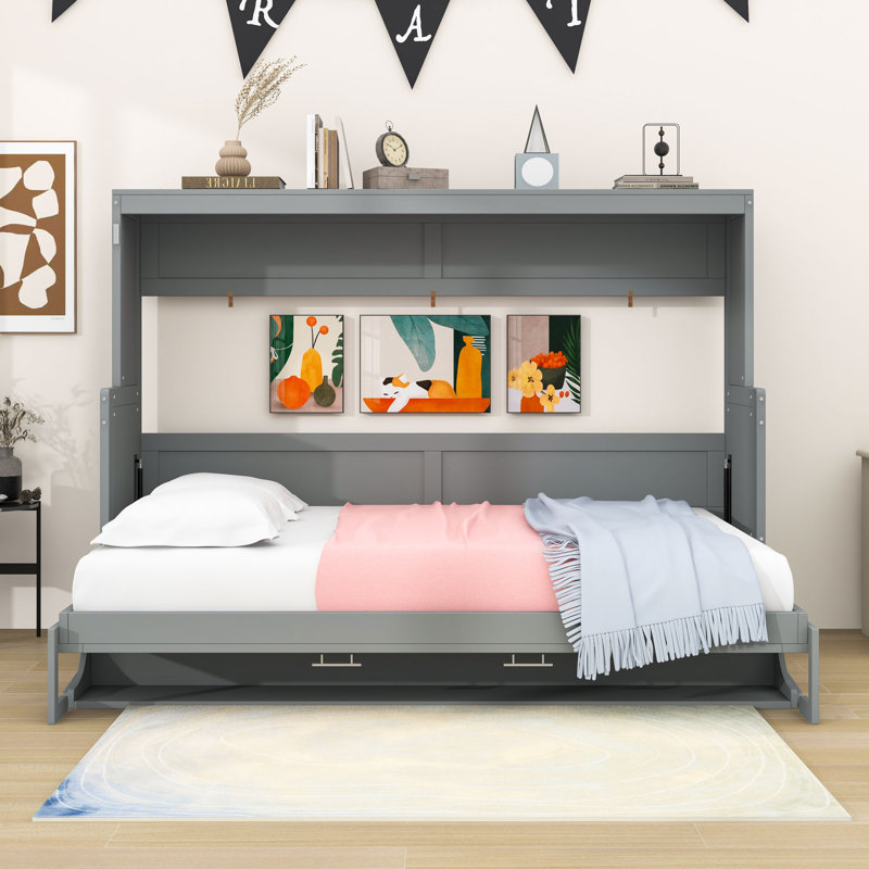 Lit escamotable en bois avec tablettes de rangement, gris, Complète