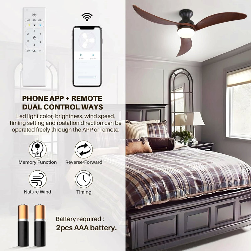 Ventilateur de plafond moderne de 52 pouces avec 3 pales en bois massif à intensité variable et télécommande