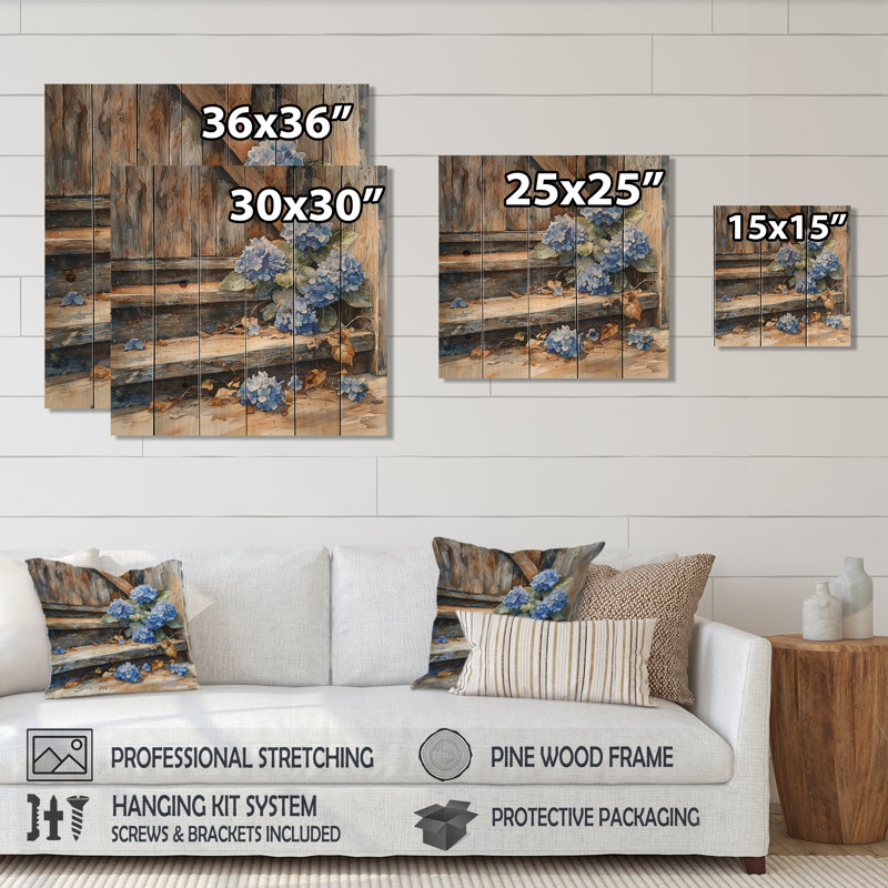 Hortensias sur les marches de grange III - Art mural en bois d'hortensias - sur bois de pin naturel