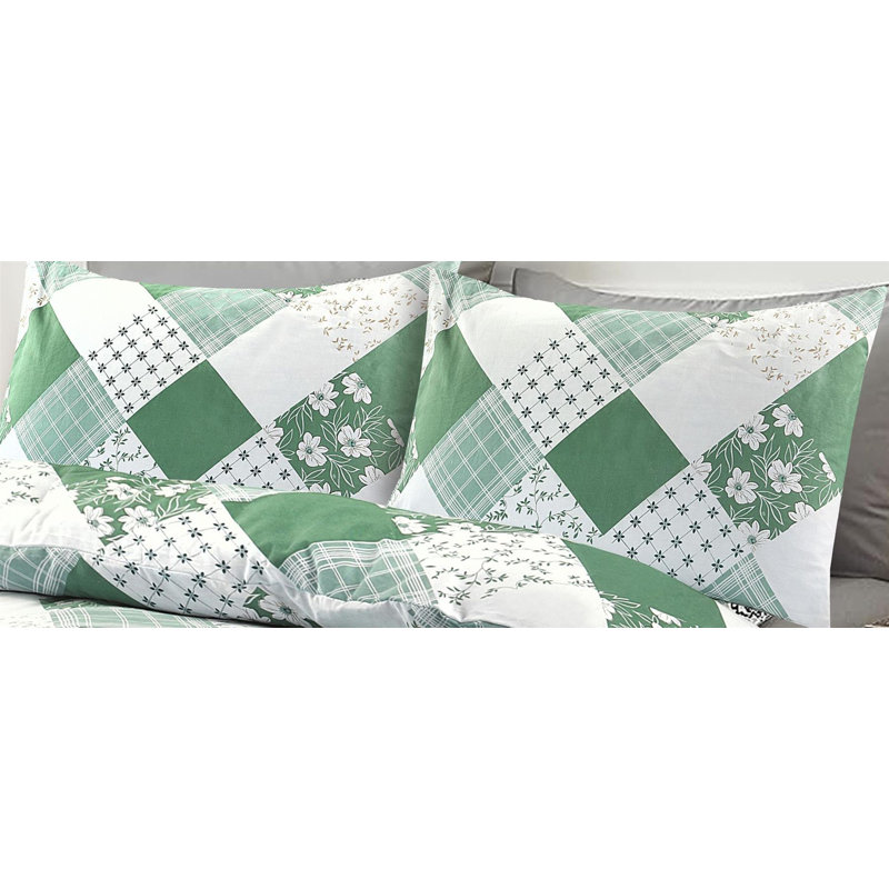 Cotton Blend Floral Duvet Cover Set with Pillowcases, Green, Double Duvet Cover + 2 Standard Pillowcases