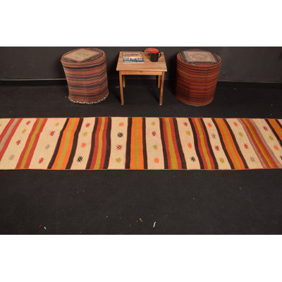 Vintage Turkish Oushak Kilim Runner Rug in Beige - Handmade Organic Kitchen Decor Item