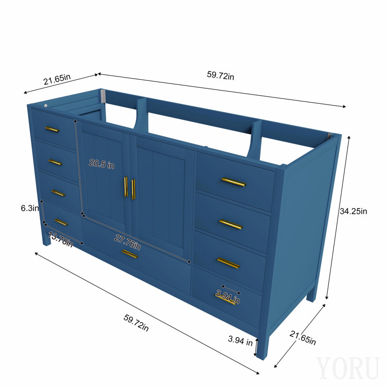 Base de meuble-lavabo 60 po avec 2 portes doubles à fermeture douce, 1 grand tiroir, 6 petits tiroirs et 2 petits compartiments de rangement rabattables (bleu)