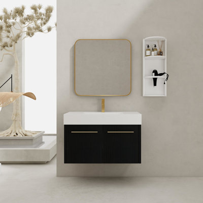 Meuble-lavabo de 36 pouces avec lavabo en résine épaisse et trois supports de rangement, style contemporain, finition à l'eau, conception moderne séparée à rebords emballés par Kd, charnières à fermeture douce, construction, grand