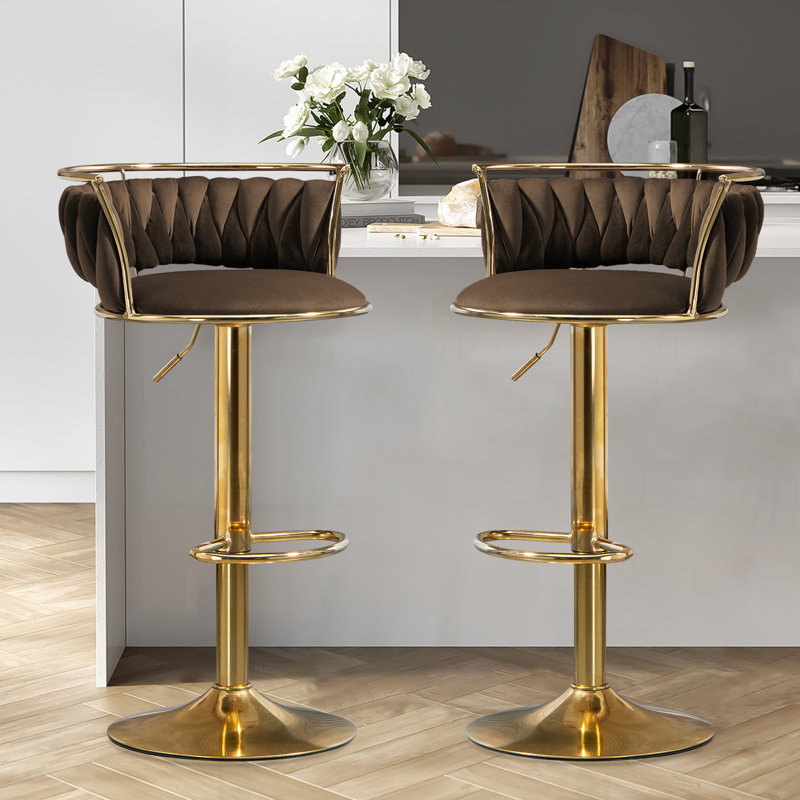 Tabouret de bar pivotant avec dossier Ginko, Café, Doré