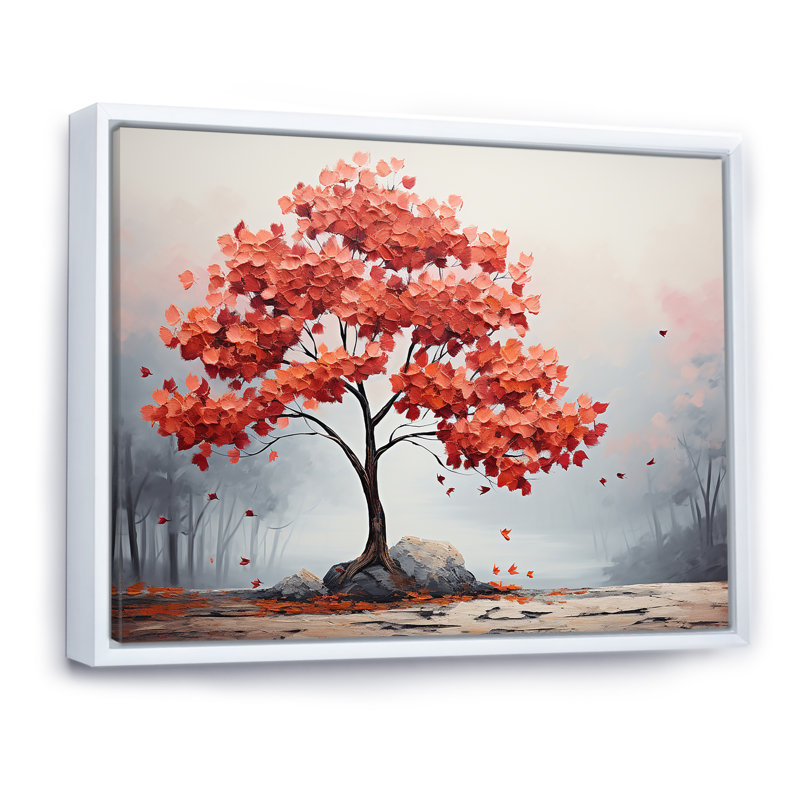 Fiery Red Maple Tree - Art mural érable, H 16 po x l 32 po x P 1 po, Cadre flottant blanc
