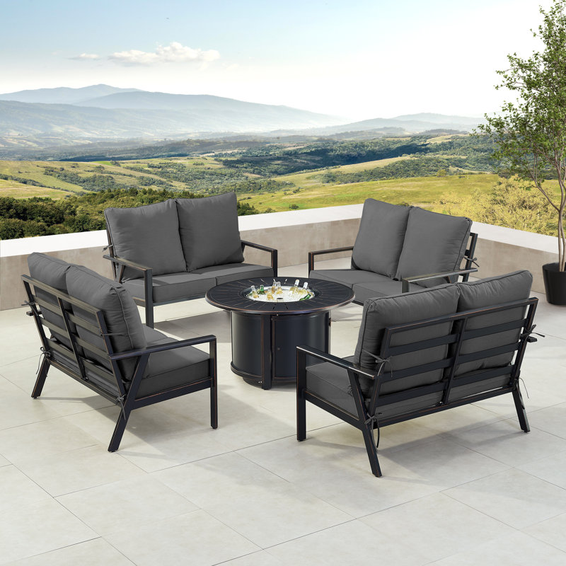 Ensemble de table de foyer en aluminium noir avec quatre causeuses profondes, Noir