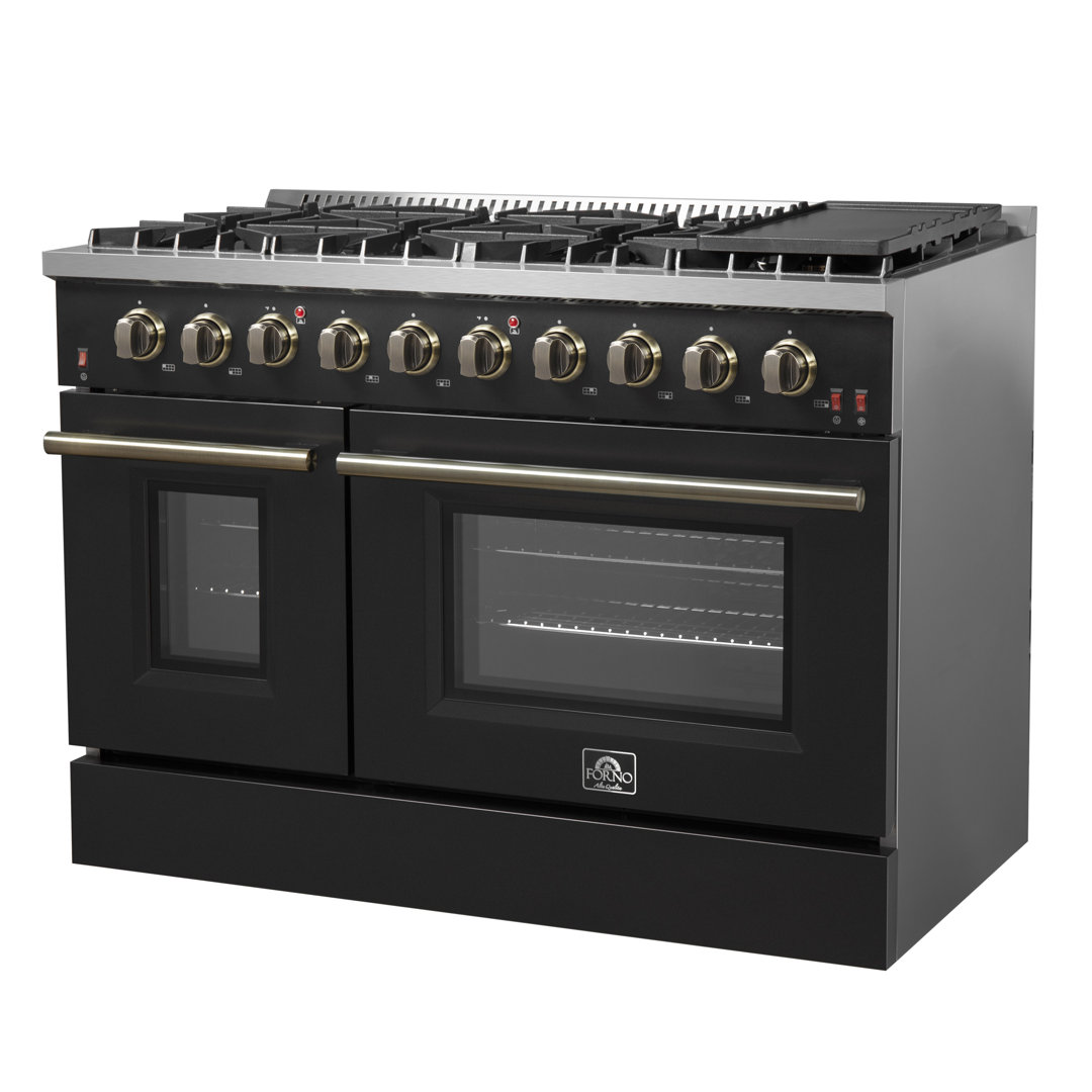 Forno Galiano 48-inch Gas Range in white, black, blue or red, 8 Burners, 107,000 BTU, Griddle, 6.58 Cubic Feet Double Ovens Forno