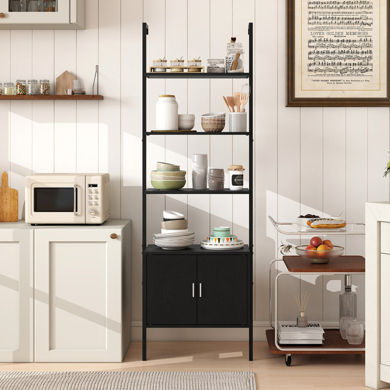 2PCS 72.5'' Tall Bookshelf 5 Tier Wall Mount Ladder Bookcase w/ Cabinet, Black, 2