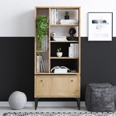 Modern Oak and Black Bookshelf, 25.6 x 63.0 x 11.8 inches | 100% Melamine Coated Particle Board, Thickness: 0.7 inches | Stylish Storage Solution for Home & Office, Durable Design, Elegant Solid Color Finish