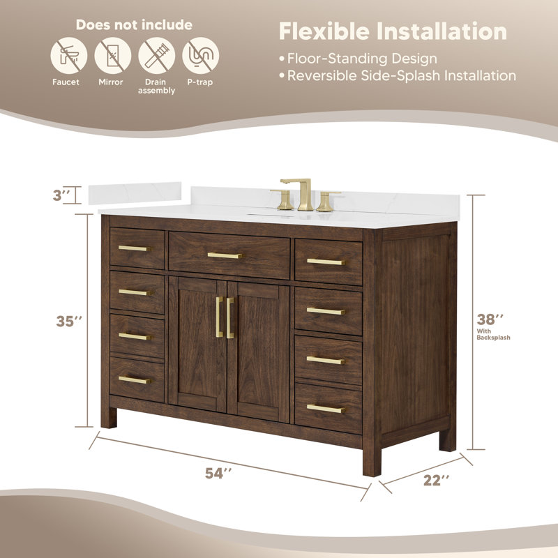 Beckett 54" Freestanding Single Bathroom Vanity with Quartz Top, Dark Walnut, Brushed Nickel, Giotto Quartz