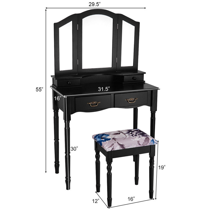 Ensemble coiffeuse avec tabouret et miroir Django, Noir