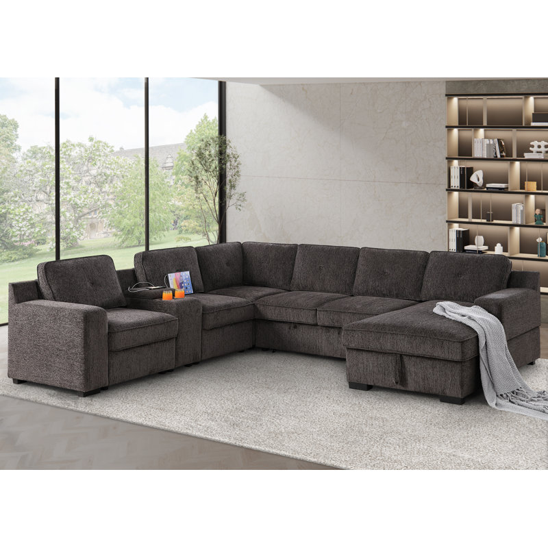 U-Shaped Upholstered Sectional with Sleeper Sofa, Console with USB & Chaise, Brown Chenille