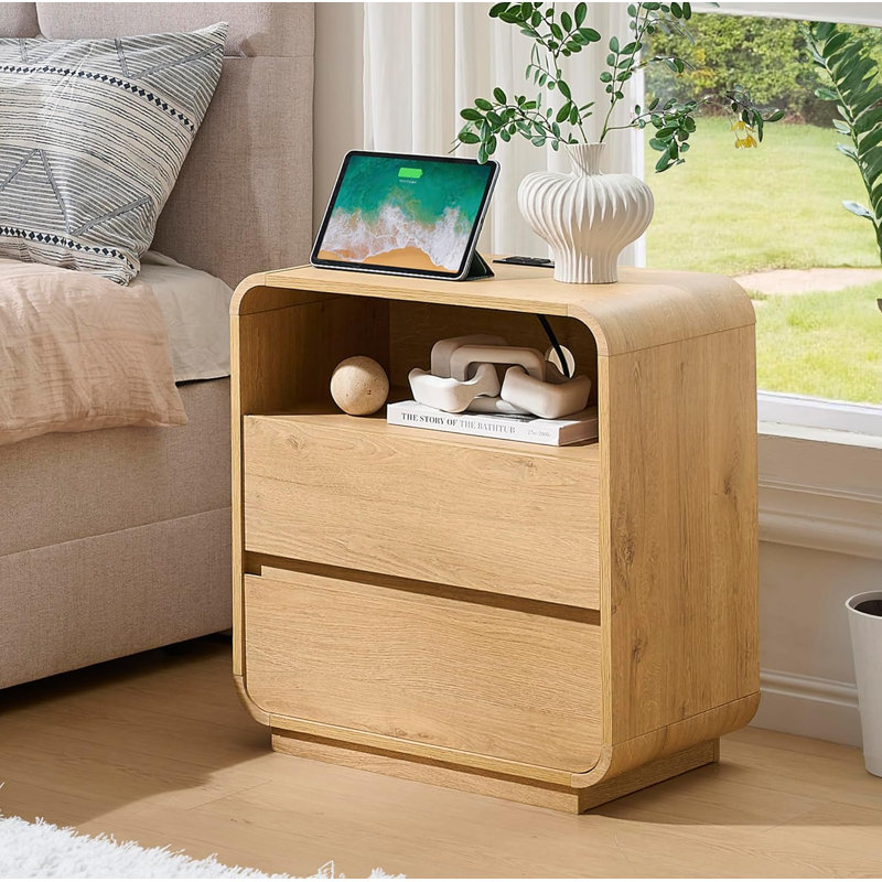 Table de bout en bois de 25 po de hauteur, table de chevet naturelle avec station de charge et 2 tiroirs, table d'appoint courbée