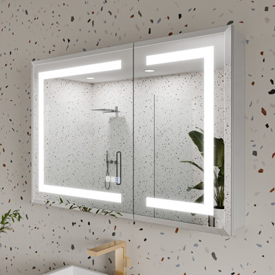 Silver Aluminum Recessed/Surface Mount Lighted Medicine Cabinet With Mirror And Dimming