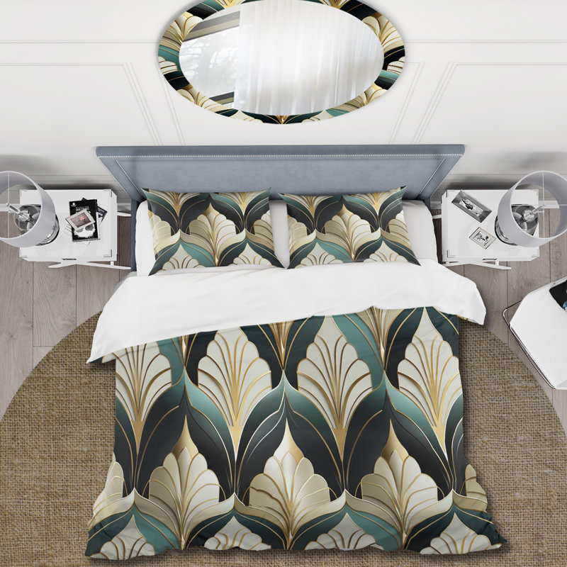 Ensemble de housse de couette art déco années 70 en émeraude et or damassé, Housse de couette simple + 1 taie décorative stan