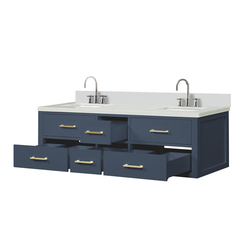 Ensemble de meuble-lavabo double bleu l 60 po x P 22 po, comptoir en quartz blanc et robinet, Blue, 60"