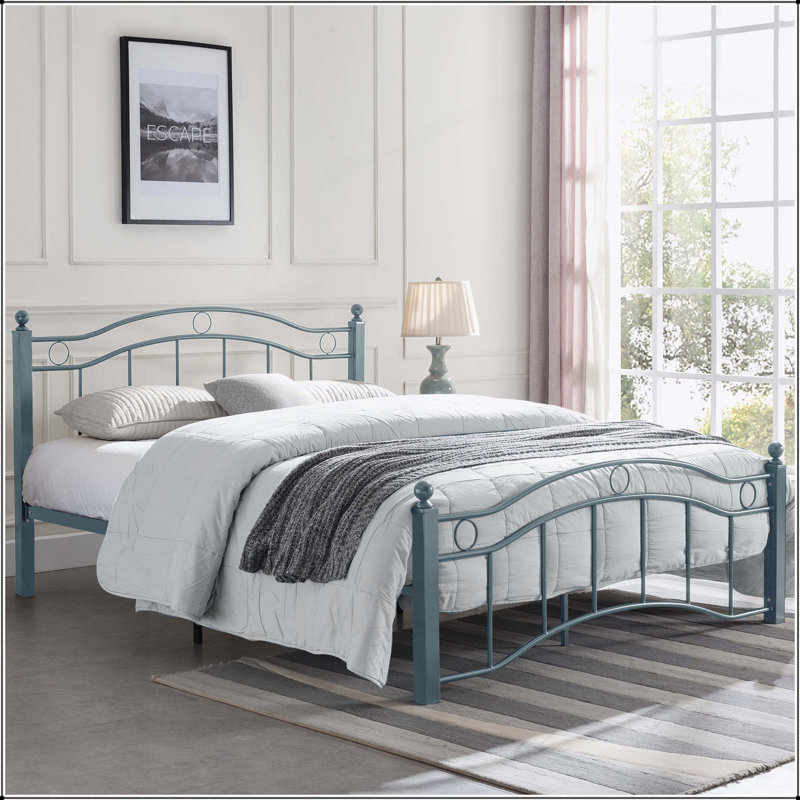 Grand lit en métal avec tête et pied de lit ondulés, bleu, structure en fer robuste et conception à profil bas, Bleu antique