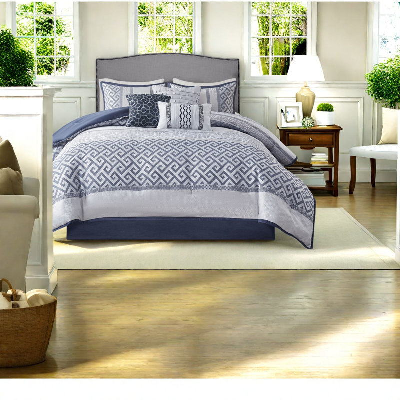 Elegant Navy Jacquard Bedding Sets, Polyester Comforter With Decorative Accents