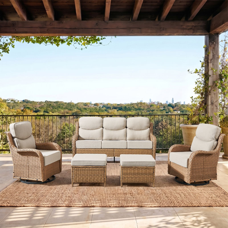Ensemble de conversation avec canapé-lit pour 5 personnes avec repose-pieds, Beige, Jaune