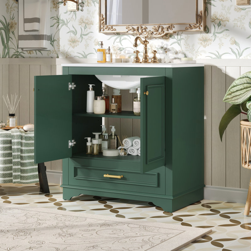 Meuble-lavabo de 30 pouces avec lavabo en céramique, 2 portes à fermeture douce et cadre en bois massif pour un rangement élégant